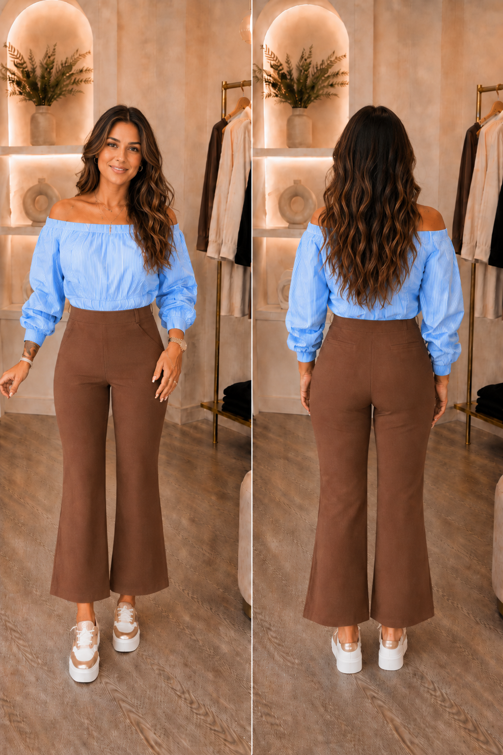Pantalon marron taille haute – coupe ajustée et légèrement évasée