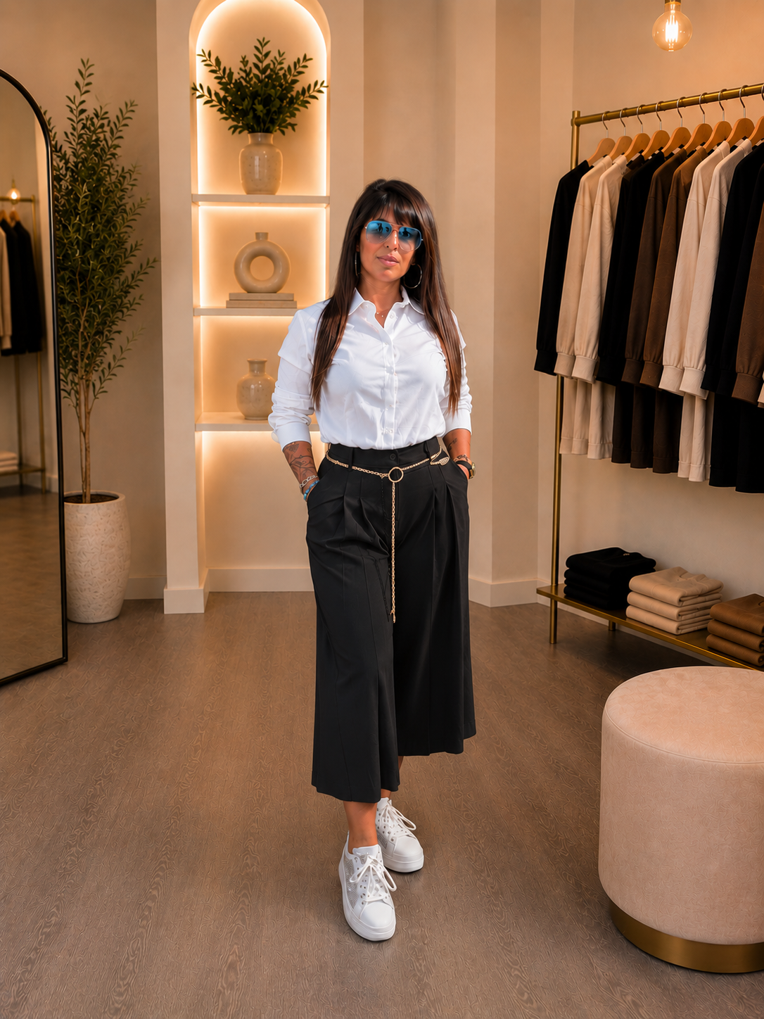 Pantalon large taille haute avec ceinture chaine
